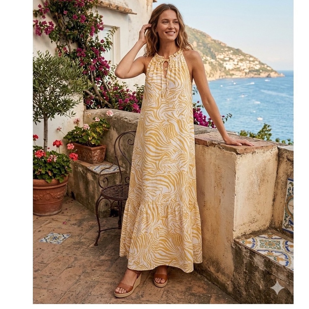 Harlow & Rose Yellow White Zebra Print Halter Maxi Dress Tiered L Resortwear